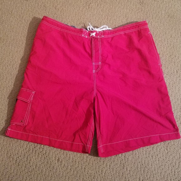 Lands' End Mens Solid Volley Swim Trunks Red - Picture 1 of 8